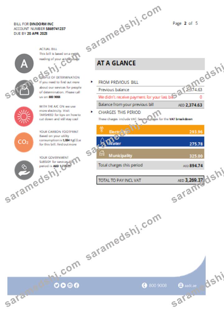 Al Ain Distribution Company utility business bill, page 2, SCR